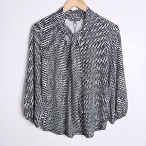 NWT‎ Adrianna Papell Tie Neck Yoke Detail Knit Top Black White Polka Dot Medium